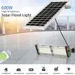 40W Premium Solar Floodlight with ALS Technology – 6000 Lumens showing the lights being used on a modern building with the remote control 