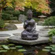 Solar Buddha Water Feature Showing environmentally friendly weather proof polyresin and solar powered 