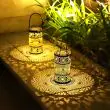 Filigree Solar Stake Lantern – Outdoor Decorative Light showing the dimensions of the unit and the stake along with the on off button and how it fits together 