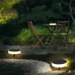 Round and square Halo lights on a lawn (round supplied; square version planned)