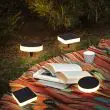 Round and square Halo lights on a lawn (round supplied; square version planned)