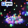 Solar Festoon String Lights – Hybrid USB & Solar, Outdoor, Waterproof (10m/80 LEDs or 17m/150 LEDs) showing the dimensions of the product and the rear battery indicator ON off and mode LED indicator