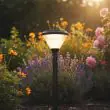 Solar Powered Sirius Stake Light in garden at night time Showing IP65 waterproof properties