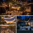 Festoon Lights With Warm White Bulbs Over A Long Garden Dinner Party Table With Candles And Flowers At Night