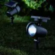 Ultra 365 solar spotlight pair illuminating a lawn at night