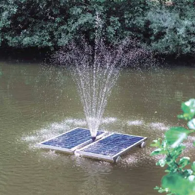 160W Solar Floating Fountain Pump (5000 LPH) showing the pump in a large pond spraying water