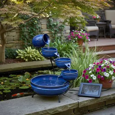 Neptune Ceramic Cascade Solar Water Feature – Deep Blue Glazed Fountain