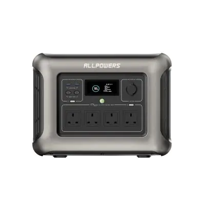 ALLPOWERS R1500 Portable Power Station 1152Wh — front view showing 4 UK AC outlets, USB-C, USB-A ports and LCD display