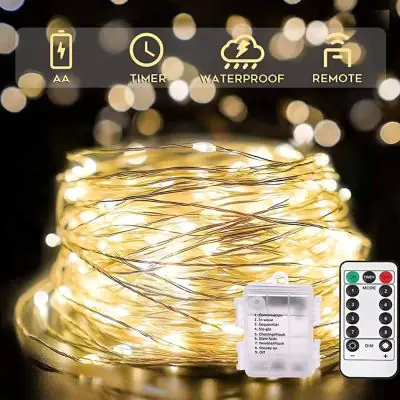 Battery Fairy Lights 50 White - Weatherproof Showing the double a battery box remote controller & timer