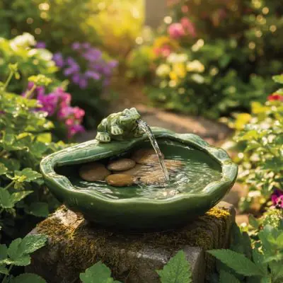 Solar Ceramic Frog Water Feature – Glazed Garden Fountain – Lifestyle 2