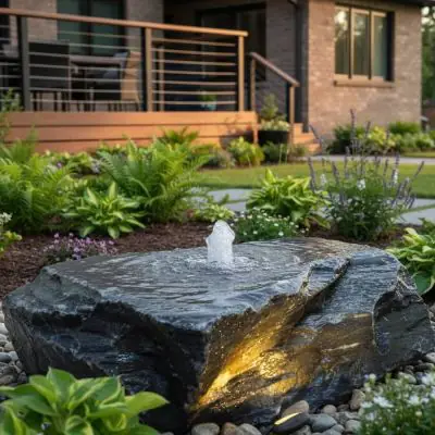 Welsh Slate Solar Water Feature – dark natural slate with water cascading over stone in courtyard
