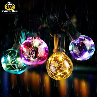 Outdoor Hybrid Solar Festoon Lights – Multi‑Colour G40 Bulbs Hanging in Rain