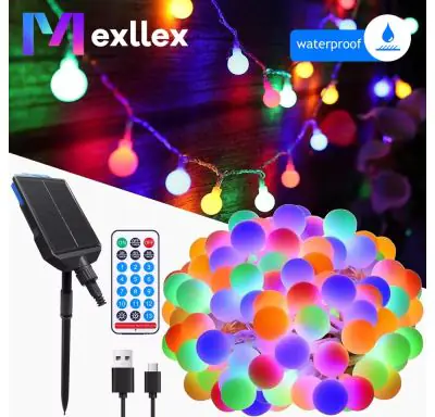 Solar Festoon String Lights – Hybrid USB & Solar, Outdoor, Waterproof (10m/80 LEDs or 17m/150 LEDs) showing the entire kit with remote control and USB charging cable solar panel and lights 