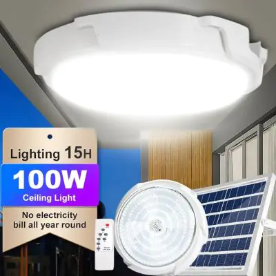 Outdoor & Indoor 100W Solar Light – bright LED panel with remote control mounted on shed ceiling