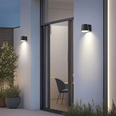 Outdoor Solar Wall Lamp – Classic Design 1000 Lumen – ALS, PIR, 4 Modes - two lights mounted outside on a wall beside an entrance door