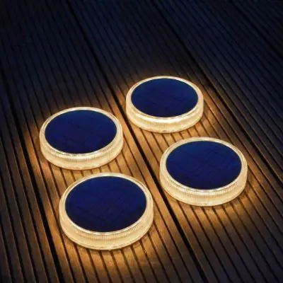 Round Solar Deck Lights – Warm White Edge-Lit LED, IP68 Drive-Over Safe (4 Pack)