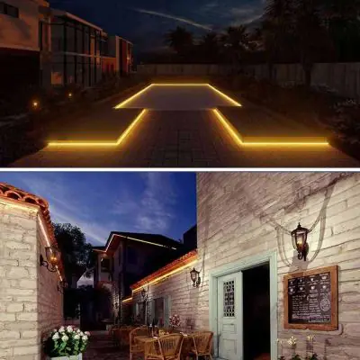 Solar LED Strip Light 5m – sleek patio edge lighting with modern design, and charming café-style gutter lighting on vintage buildings
