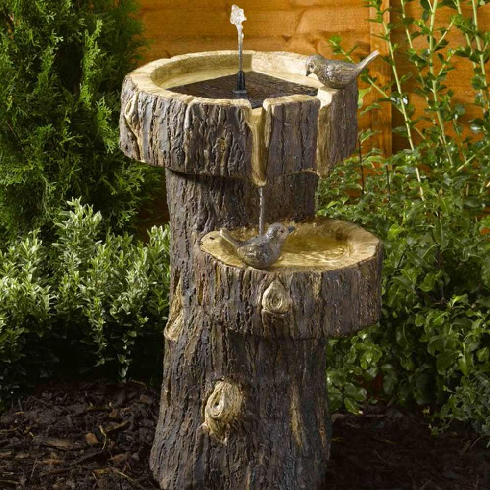 Smart Solar Tree Trunk Bird Bath Water feature in garden