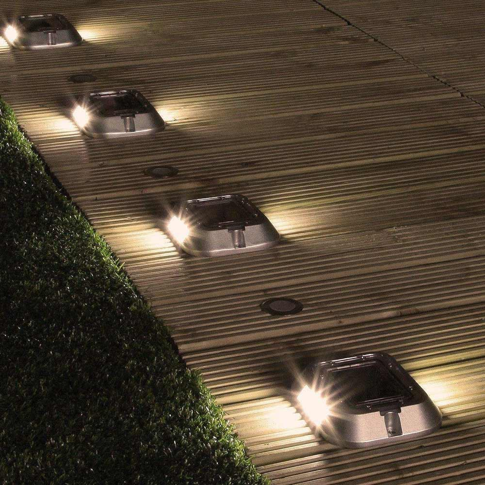 Solar Driveway Lights in Aluminium - Pack of 4 on decking